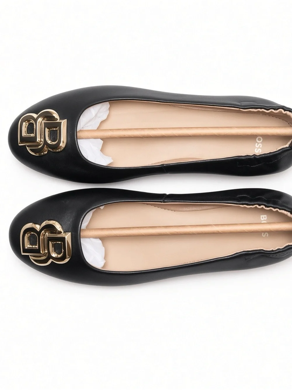 Hugo Boss Dasy Black Leather Logo Ballet Flats with Gold Emblem 6 NWB